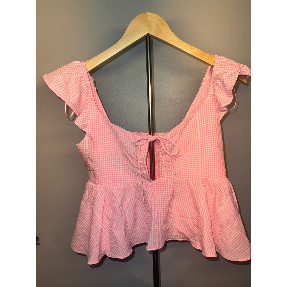 Pink Lily Gingham Peplum Top Pink White Ruffle Flutter Sleeve Smocked Back Small